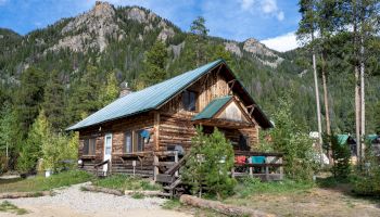 A rustic log cabin with a metal roof sits in a forested, mountainous area, under a blue sky with tall trees surrounding it.