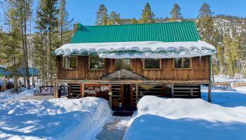 A cozy wooden cabin with a bright green roof, snow-covered path, and tall evergreen trees in a snowy forest setting.