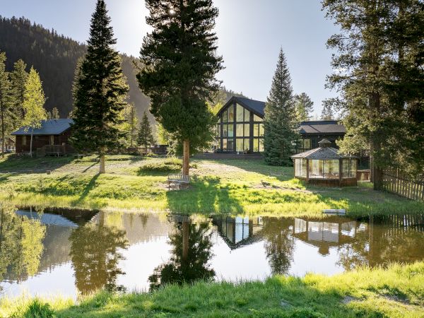 A picturesque lakefront scene with trees, a charming cabin-style house, and reflections in the calm water, all nestled in a sunny forest setting.