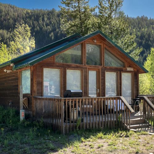 A rustic wooden cabin with a front porch, large windows, and a forested mountain backdrop; sunlit clearing and pines surround the house.
