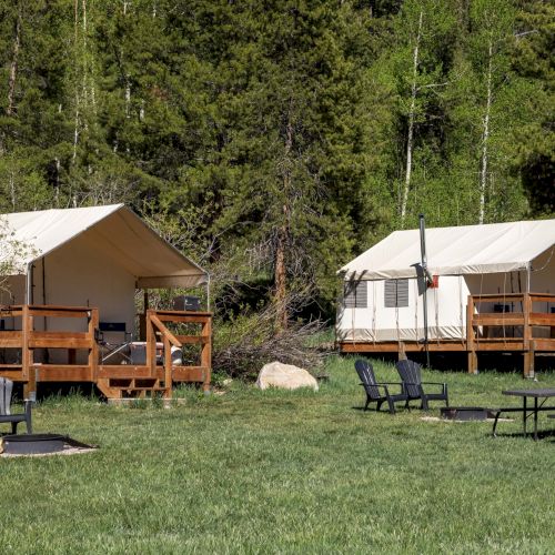Two canvas tents set on wooden platforms in a grassy campground, with picnic tables, chairs, and a forest backdrop.