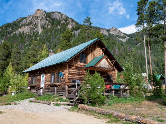 A rustic log cabin with a green metal roof sits in a forested mountain setting, under a blue sky with pines and rugged hills.