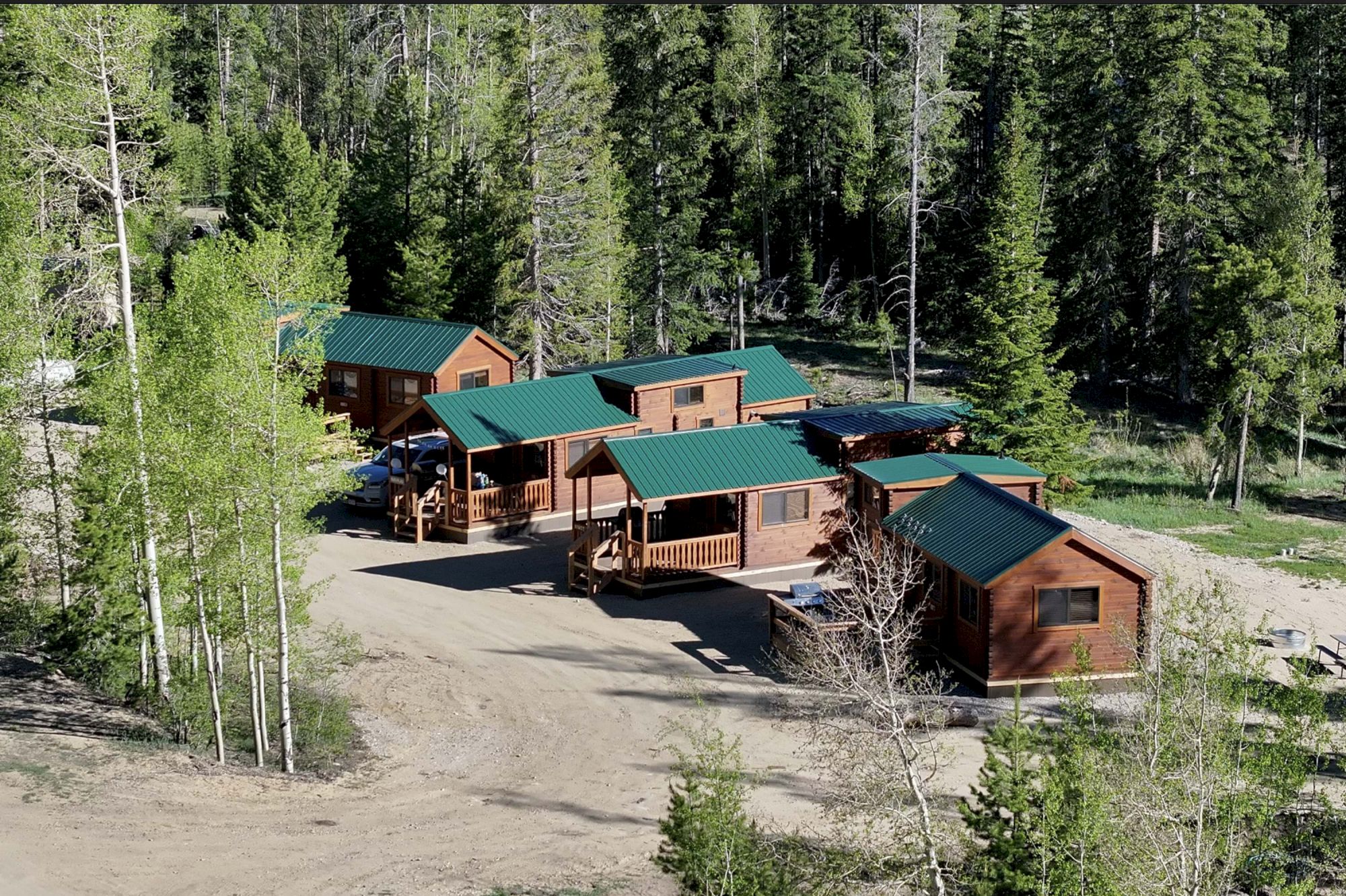 A cluster of wooden cabins with green roofs sits among tall pine trees in a clearing, connected by a dirt road.