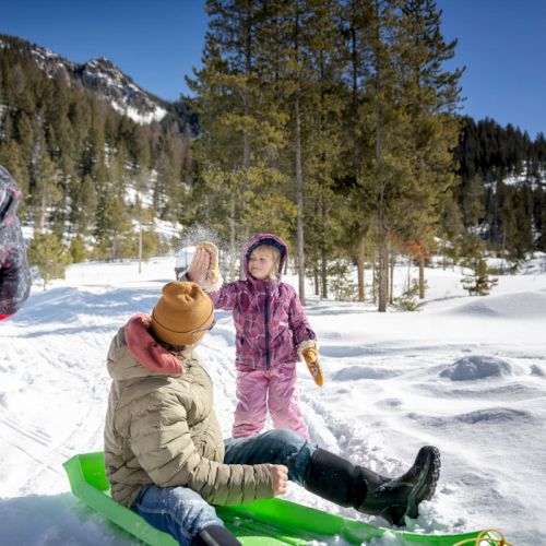 Three people in a snowy forest: two sit on a green sled, one stands in a purple jacket with mittens; mountains and trees in the background.