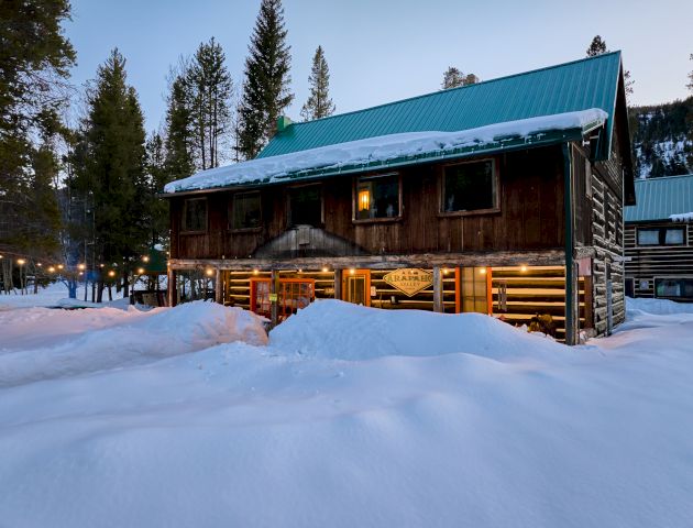 A log cabin-style house in a snowy landscape with pine trees, soft blue roof, and snow-covered ground.