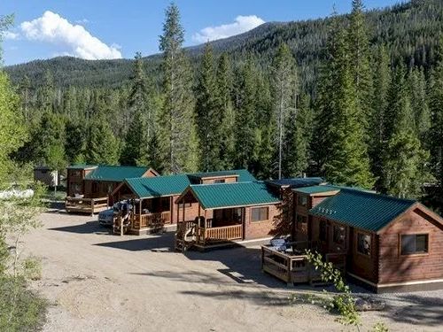 A small rustic cabin village sits in a pine forest clearing, with green-roofed wooden cottages and a dirt road surrounded by tall trees.