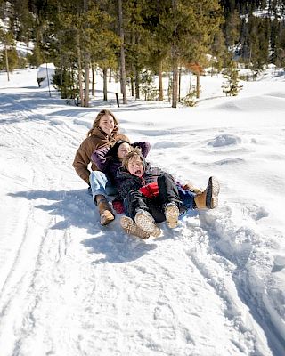 Two people are sledding down a snowy hill, bundled in warm clothes, with a forest backdrop and bright winter light on the snow.