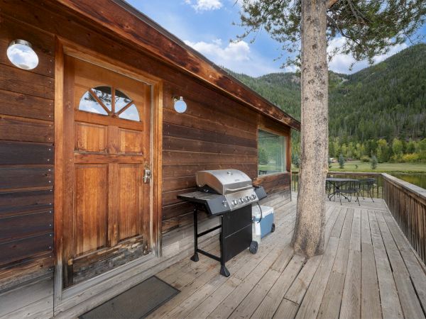 A wooden cabin with a grill on a deck, a tree by the railing, and a scenic mountain lake view in the background, cozy outdoor setup.