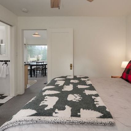 A small bedroom with a king bed, black metal headboard, red plaid pillows, a cozy gray-and-white polar bear blanket, nightstand lamp, and doorway to a bright adjoining room.