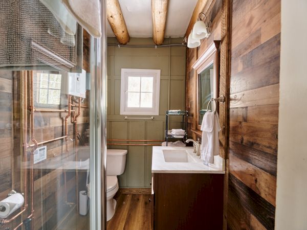 A small rustic bathroom with wood-paneled walls, a glass shower, a sink vanity, and a compact toilet, under exposed ceiling beams.