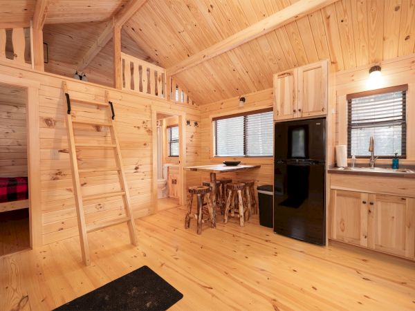 A cozy wooden cabin interior with a loft/bunk area, ladder to the upper bed, small dining table, black fridge, compact kitchen, and warm pine walls.
