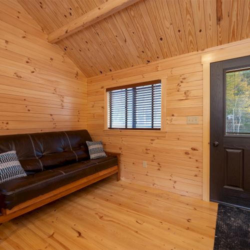 Cozy cedar cabin living area with knotty wood walls, a black leather sofa, small window, and a dark exterior door; warm, rustic vibes.
