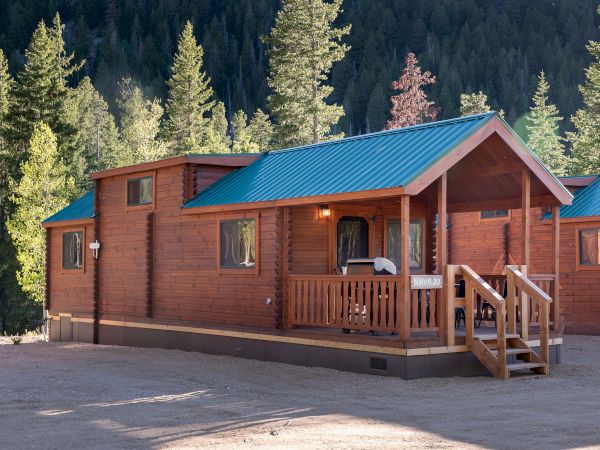 Cozy wooden cabin with a blue roof, a small porch, set among tall pine trees in a forest clearing.