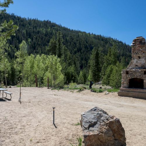 A sandy riverside with people, trees, and a rocky hill in the background, under a clear sky, with a bright, sunny day.