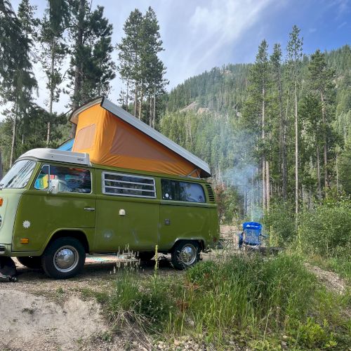 A lime-green vintage van with an orange pop-top roof parked on a dirt trail in a forest, smoke rising, tall trees in the background.