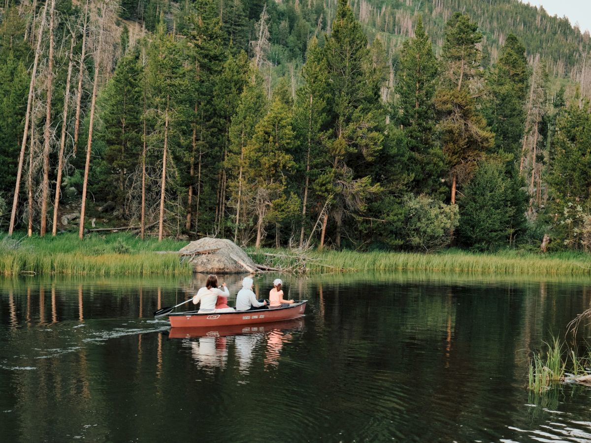 A small red rowboat with three people on a calm lake, surrounded by tall pine trees and grassy shoreline.