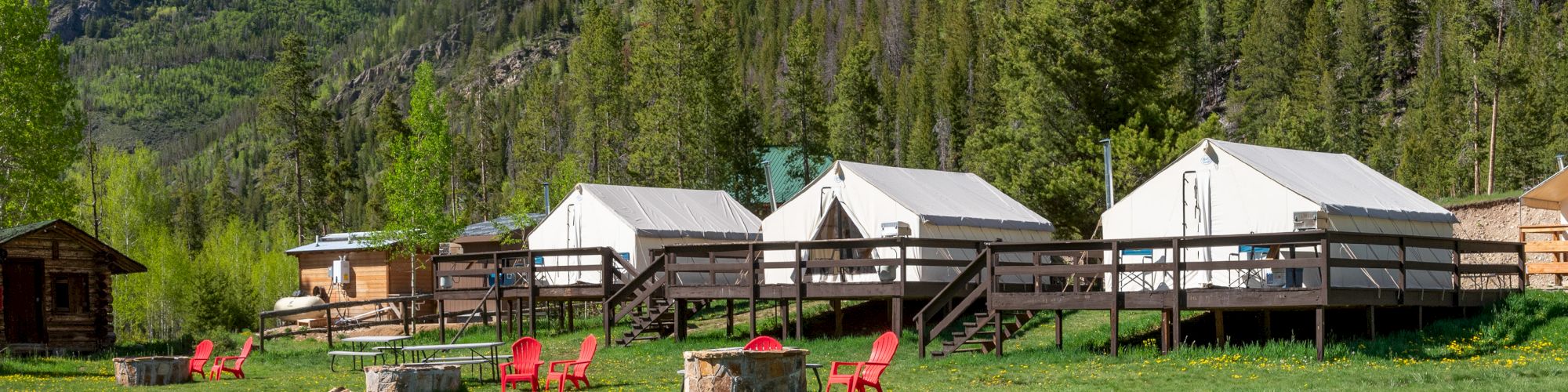 A rustic campsite by a meadow of yellow flowers, with white tents, wooden fences, and a forested hillside under a blue sky. End sentence.