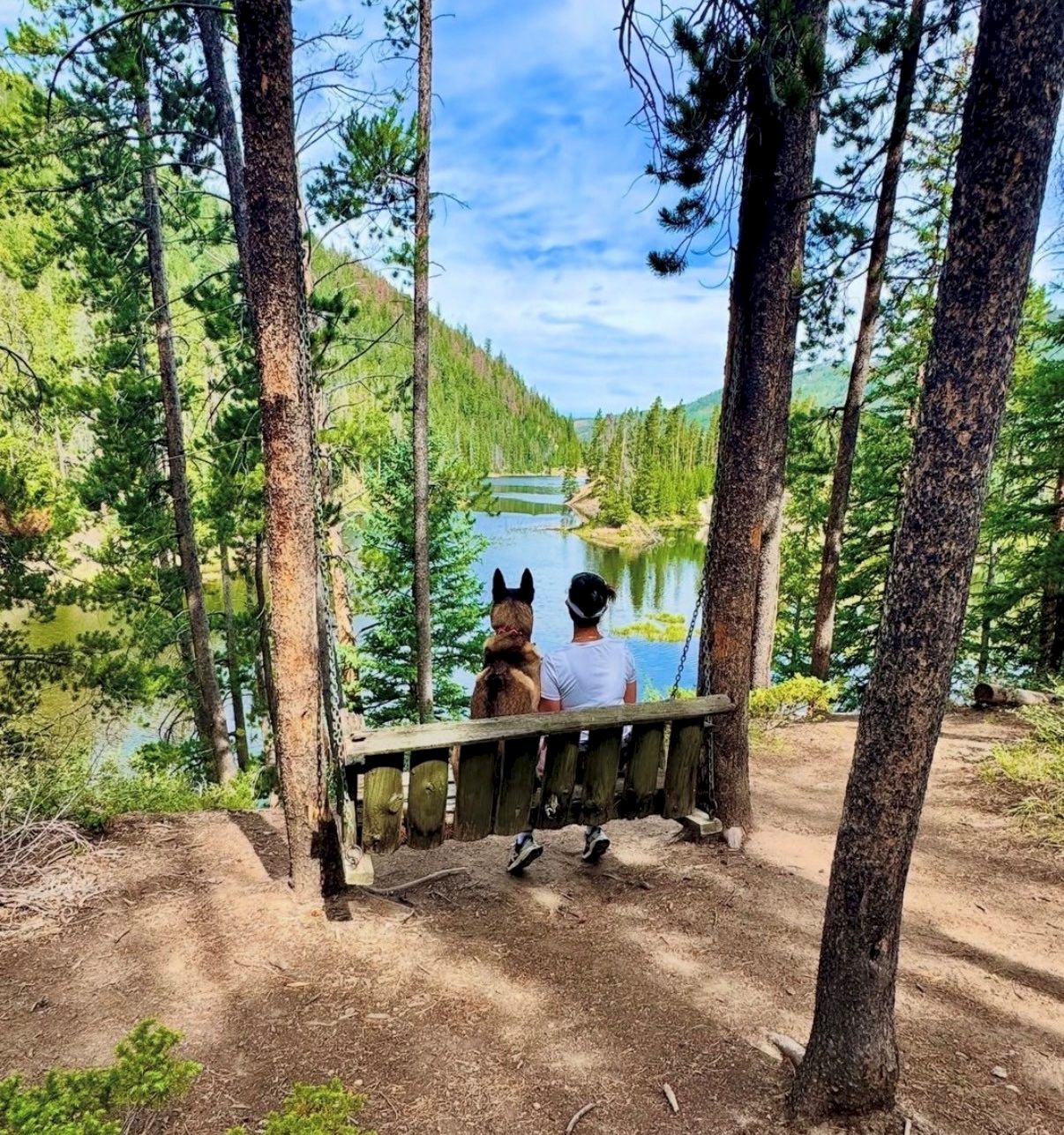 Two people sit on a wooden bench by a lake, surrounded by tall pines, blue sky, and green forest looking out over calm water.