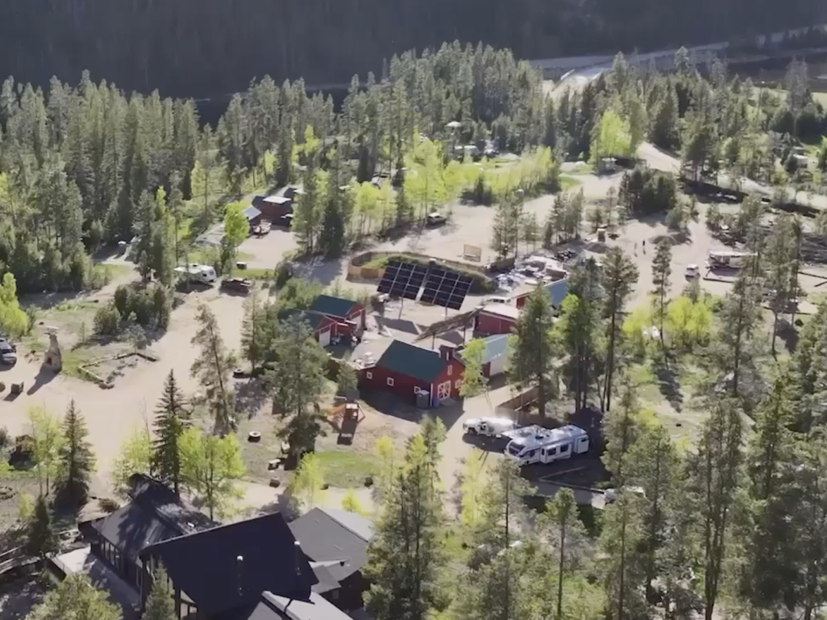 A small forested rural area with scattered houses, dirt roads, and a few parked cars among many trees and a hillside backdrop.